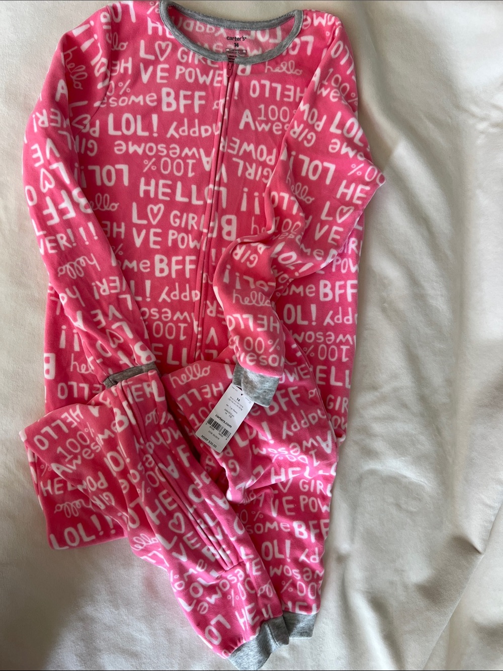 Carter's Pink Word-Print Girls' Zip Fleece One-Piece Pajamas 14 footless nwt new
